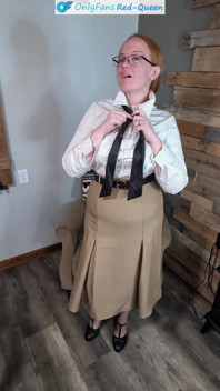 Classy Redhead 50S Secretary or Teacher Outfit Dressing From Girdle and Stockings - Heels, Dress, Blouse, and No Panties