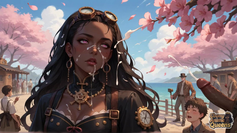 Ebony Anime Queens: Edepsiz zenci tanrıça okyanus kenarında kiraz çiçeği veriyor