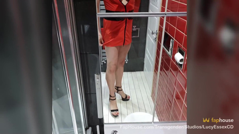 Lucy Essex CD: Wanking my big T-Girl cock in orange dress