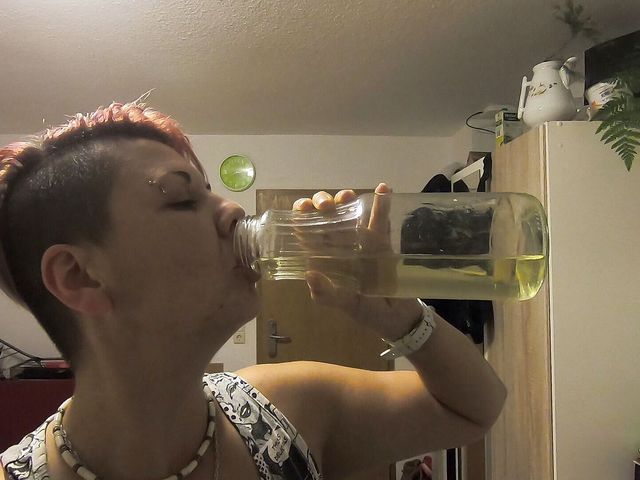 Drinking our own pee from a bottle as tea-pee (Carrotcake19)