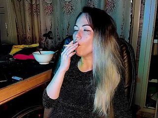 Asian wife homemade videos: Stepdaughter smokes a cigarette