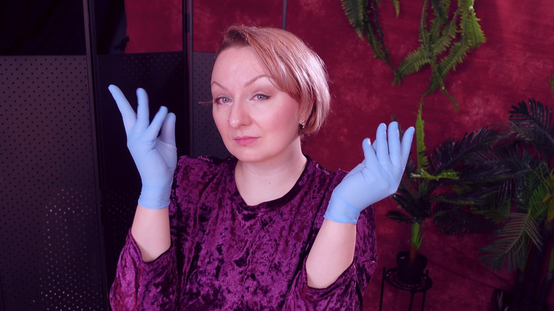 Arya Grander: 面部和牙齿恋物癖触摸：穿着蓝色医疗Mitrile护士手套的Asmr视频。Arya Grander