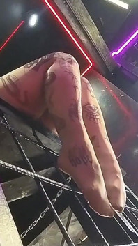 Obedient Slave in a Cage Sucks and Licks Mistress Nylon Soles