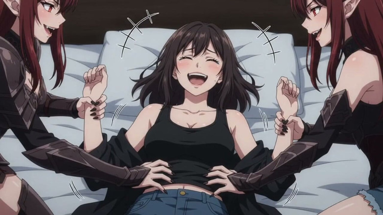Ticklish Damsels: Succubus está fazendo cócegas em uma garota.