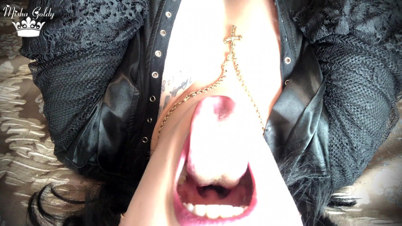 Goddess Misha Goldy: Sexy giantess dangles you above her hungry mouths before consuming...