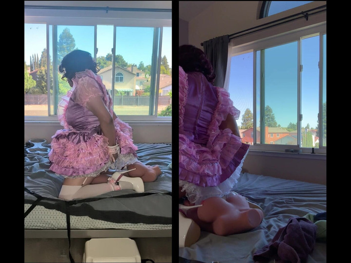 Sissy Candy: Pink Satin Sissy Maid Rides Her Sex Doll Toy While...