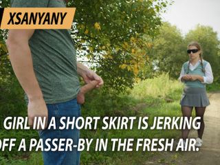 XSanyAny and ShinyLaska: A Girl in a Short Skirt Jerks off a Passerby...