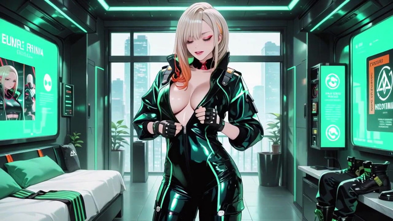 Tay Swift X: Neon Rain Night! Blonde Agent in Wet Leather Crouching Low,...