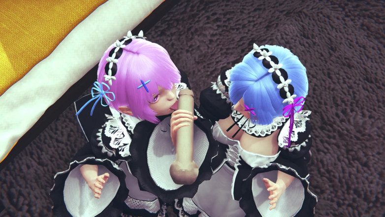 Waifu club 3D: Ram and Rem lick a big cock together