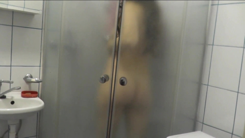 XXX-Platinum: In Shower Beautiful Woman with Long Hair Washes and Pisses