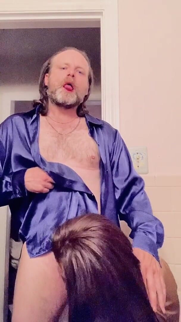 Satin Fetish King: Satin cougar cocksucker can't resist silky royal blue