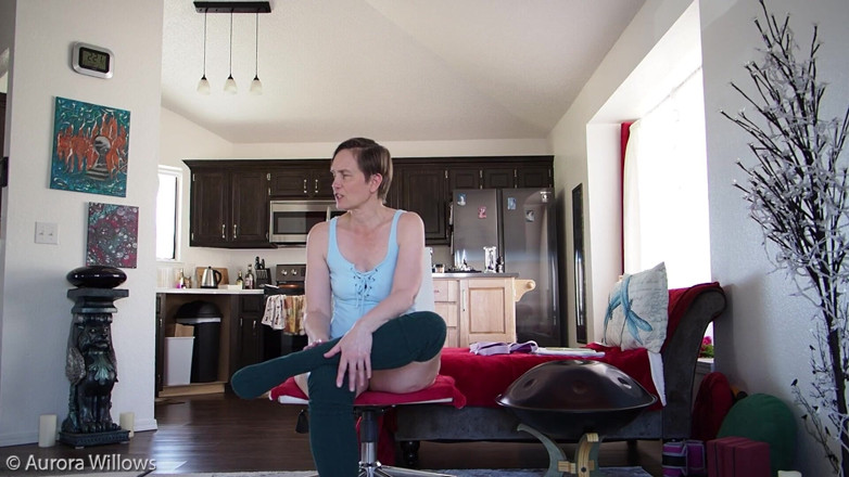 Aurora Willows: Yoga in a blue bodysuit and knee high socks