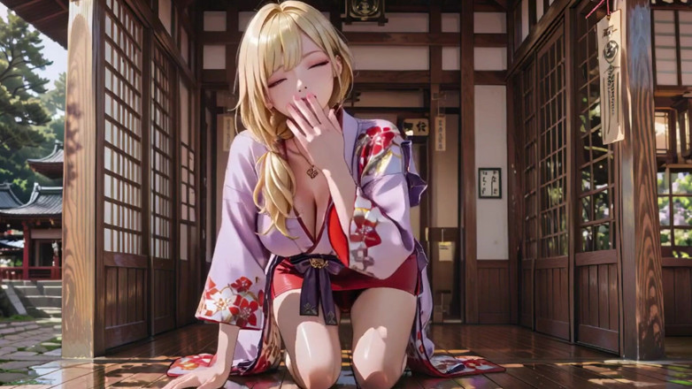 Seraphina Vale: Blonde Goddess in the Japanese Corridor, Lazy Gazes, Hand on...