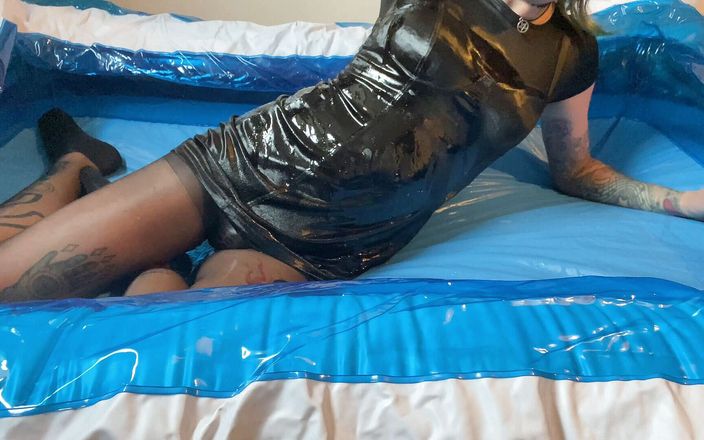Wet look shiny fan: Piss and oil drenched in satin dress