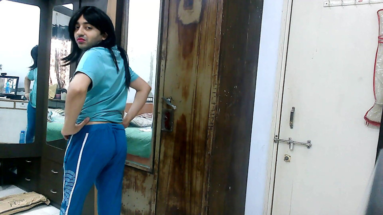 Cute & Nude Crossdresser: Sweet sissy crossdresser femboy in boyfriend's loungewear.