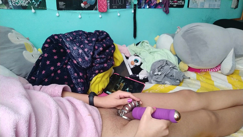 Crystal Phoenix: Sissy plays with chastity cage