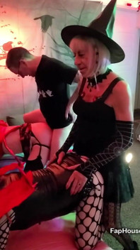 Sexy Halloween Foursome Orgy Part 1 with 2 Tgirls and Mature Couple