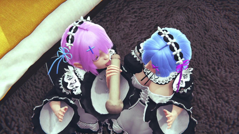Waifu club 3D: Ram and Rem lick a big cock together