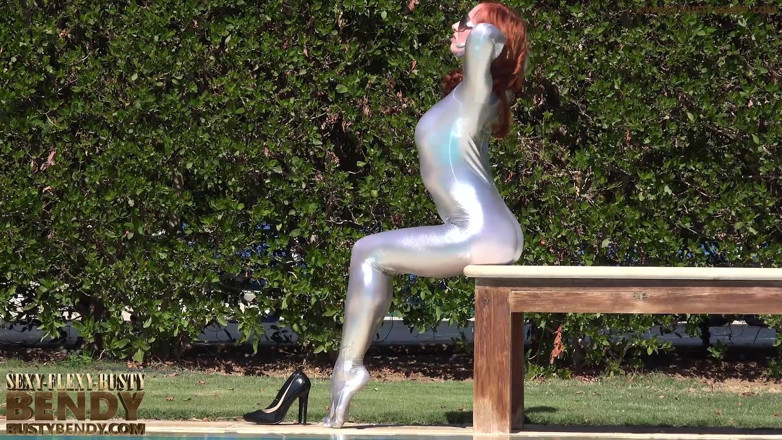 Flexilady: Bending in a Silver Spandex Suit