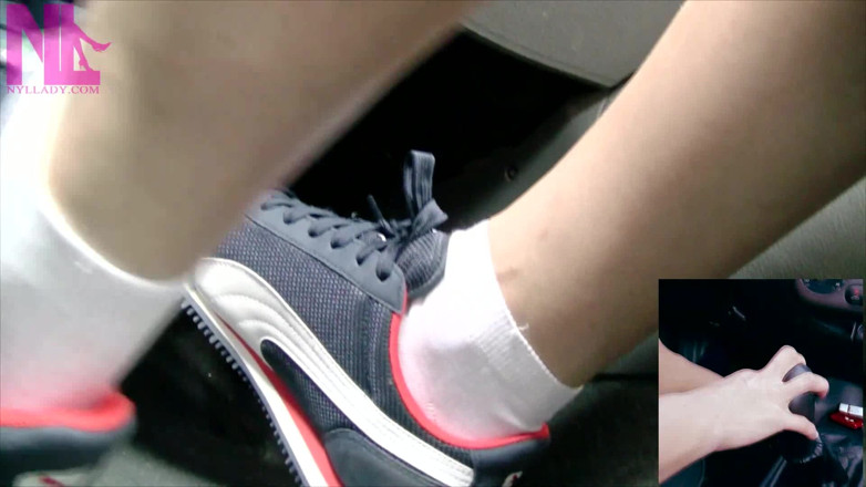 Nyllady: Driving and Pedal Pumping in Blue Nike Sneakers and White...
