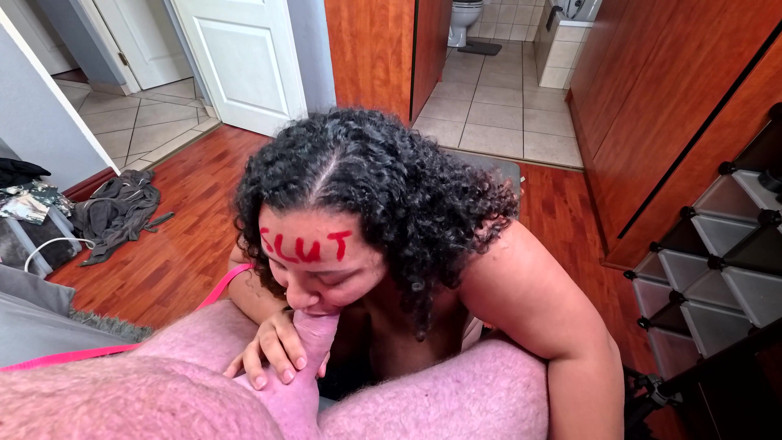 domslutfucker: Degraded Whore on a Leash Sucking My Cock and Jerking...