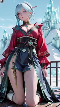 Ice Throne! Silver-haired Mage in Red-green Gown Kneeling, Blue-haired Partner Teasing in Snowy Realm!