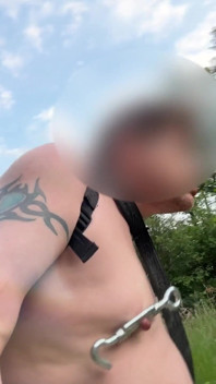Walking Naked in Park.. with Nipple Clamps and Ballstretcher