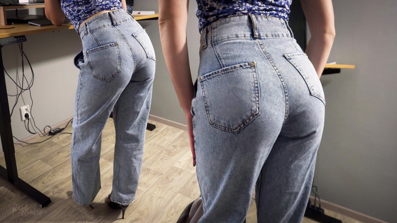 Teasecombo 4K: MILF Sekreterare i high weist jeans retar sin trevliga rumpa