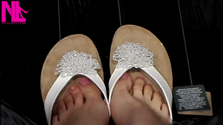 Nyllady: Shoeplay and Dangling in Cute White Flip Flops in a...