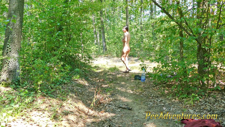 Pee Adventures: Sexy brunette stripping naked and pissing outdoor