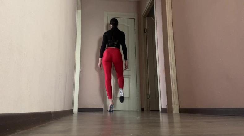 Skinny_lady69: Asmr Mistress in Latex and Red Leggings Strides Across the...