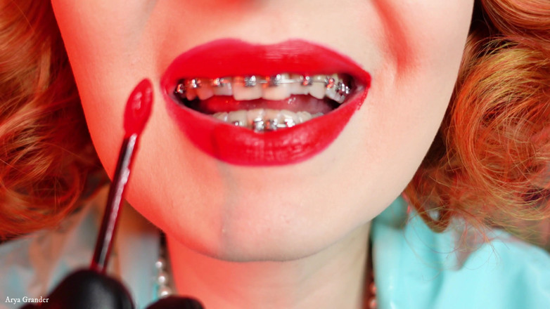 Arya Grander: Lipstick process: ASMR sfw video (Arya Grander) red lips and braces