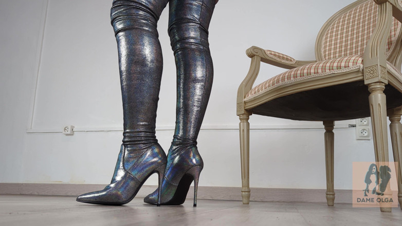 Dame Olga: Shoeplay and Walking in Holo High Heel Thigh High Boots (shoe...