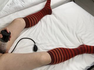 High quality socks: Fuck Machine, Infatable Butt Plug, Red Striped Burlington Knee-high-socks, Cumshot
