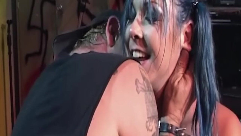Bangora clips: Blue Haired MILF Gags Hard on Handcuffed Stud's Cock