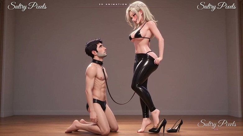 Sultry Pixels 3D: Vysoká latexová blondýnka vede svého límečkového muže za vodítko - noha...