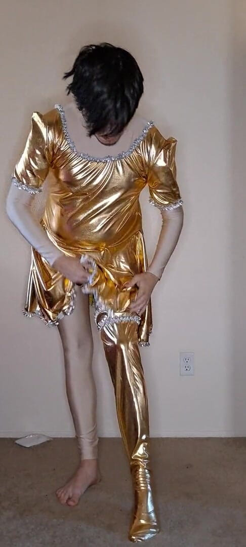Pup Zentai: Shiny gold maid dress up