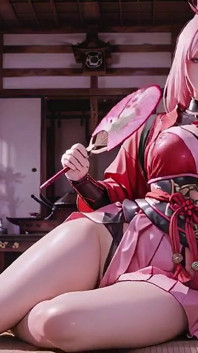 Crimson Samurai! Rozeharige krijger knielend op Tartmi, kimono met hoog spleetje glijdt om sneeuwachtige dijen te onthullen.