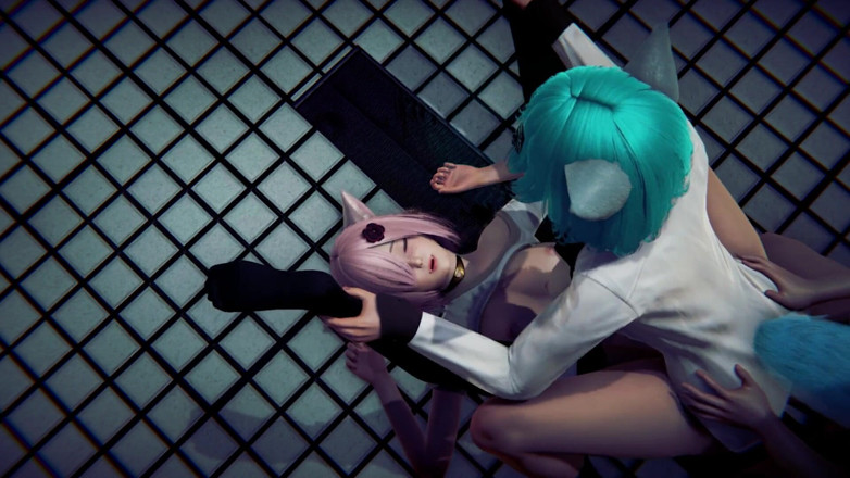 Waifu club 3D: Placed a cock between two some neko college girls
