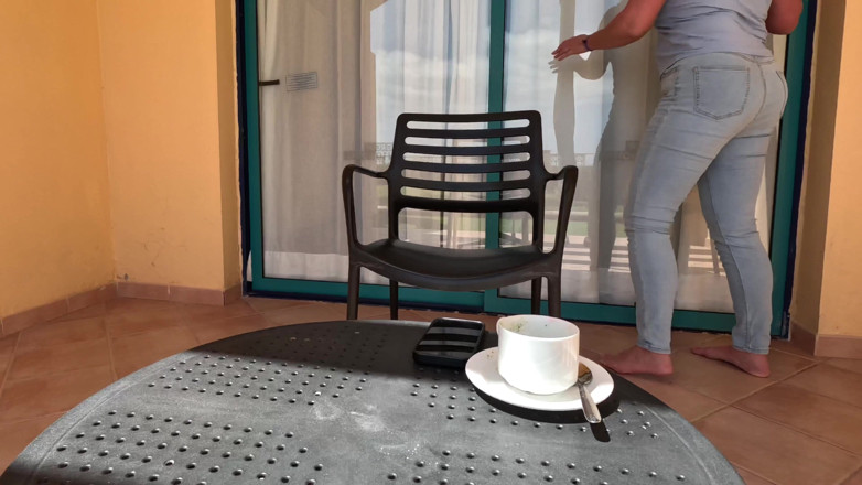 Emma Voyeur: Balcony Full Bladder - Locked and Wetting Jeans