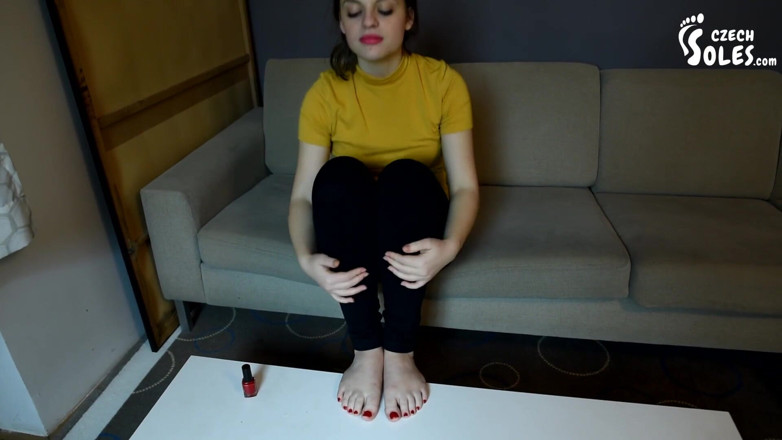Czech Soles - foot fetish content: Footgirl painting her toe nails red