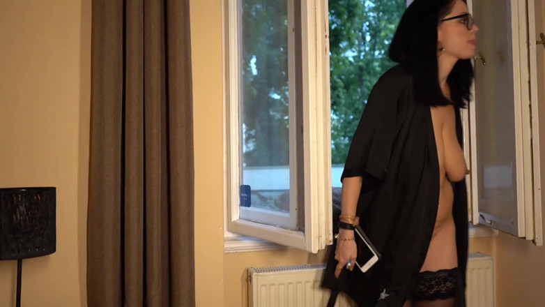 Shione Cooper: Smoking naked only in stockings in the window during pause...