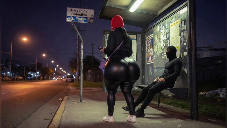 Animate golden: Big Ass Girl in Leather Pants at Bus Stop Ends...