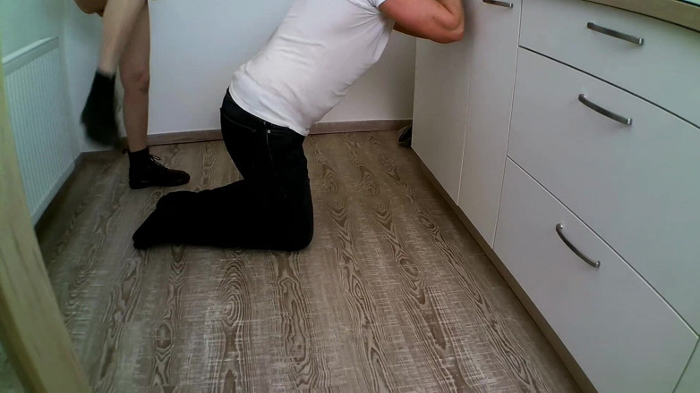 Femdom Austria: Brunette handcuffs and kicks slave