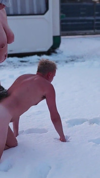 Femdom. Two Busty Women Piss Naked in the Snow, Then Make a Naked Guy Eat and Lick the Yellow Snow.