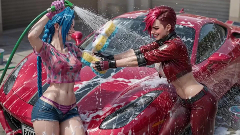 Ianimedia: Jinx and Vi Washing the Red Ferrari Wet and Soapy