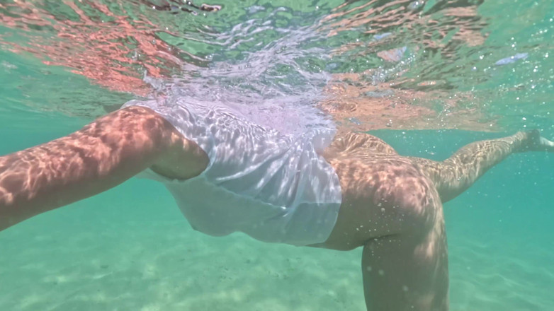 Emma Voyeur: MILF Underwater in Sheer White T-shirt No Panties, Bare Pussy &...