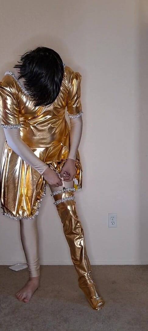Pup Zentai: Shiny gold maid dress up