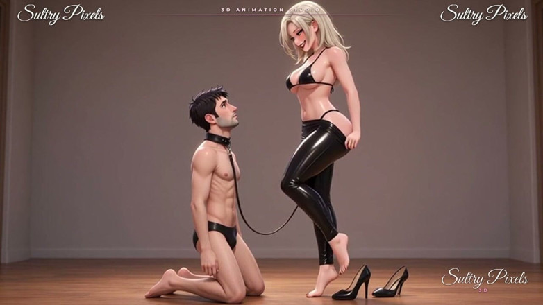 Sultry Pixels 3D: Große latex-blondine führt ihren mann mit halsband an der leine -...