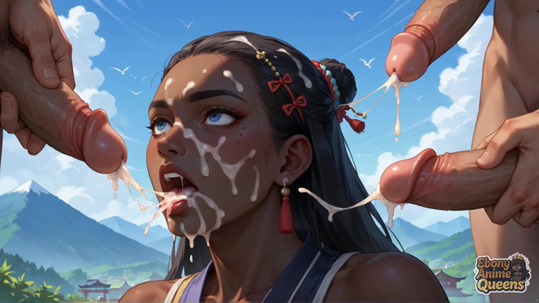 Ebony Anime Queens: Mouthwatering Queen Deep Throats Mountain Sky in Dark-hued Porno.